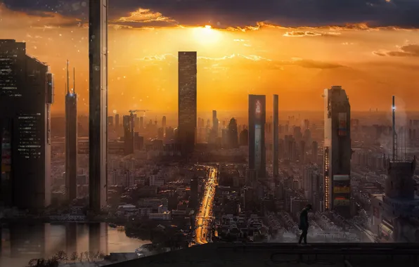 Закат, Город, Небоскребы, Здания, City, Fantasy, Пейзаж, Sky