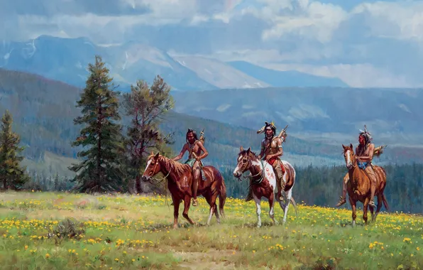 Картинка Горы, Трава, Картина, Индейцы, Лошади, Трое, Martin Grelle, Американский художник