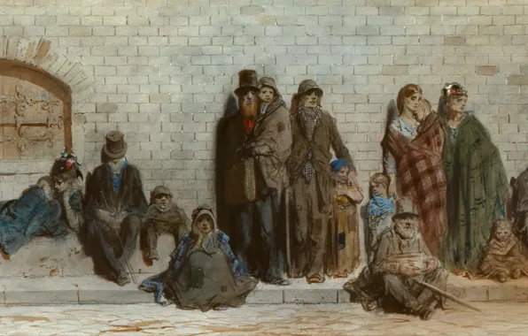 Люди, рисунок, акварель, жанровая, Paul Gustave Dore, На Улице Лондона, Гюстав Доре
