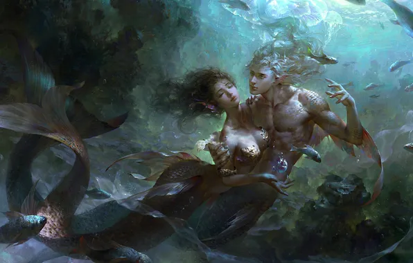 Море, девушка, русалка, рыба, арт, парень, fantasy, Guangjian Huang