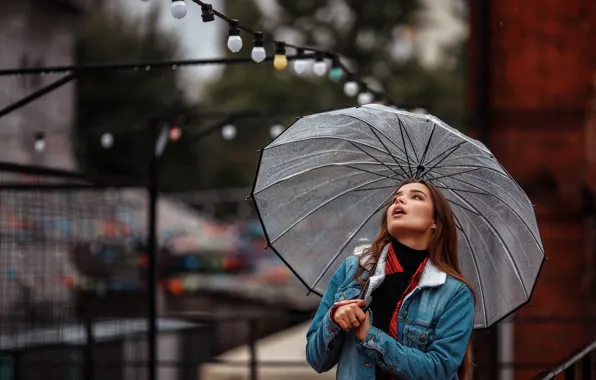 Картинка взгляд, модель, волосы, Девушка, зонт, рубашка, джинсовая куртка, Николай Рогозин