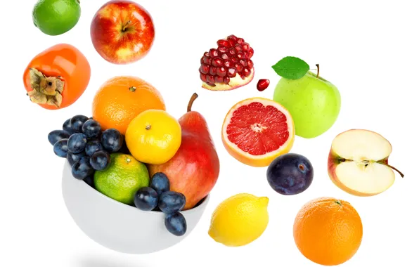 Картинка лимон, яблоки, апельсин, виноград, фрукты, грейпфрут, гранат