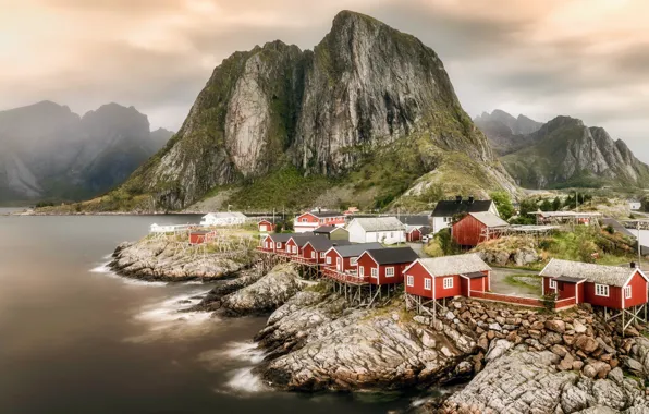 Море, горы, город, Norway, Lofoten, Hamnøy Bridge