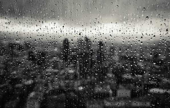 Картинка стекло, капли, макро, город, дождь, окно