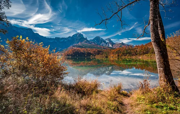 Картинка осень, пейзаж, горы, природа, озеро, отражение, дерево, Австрия
