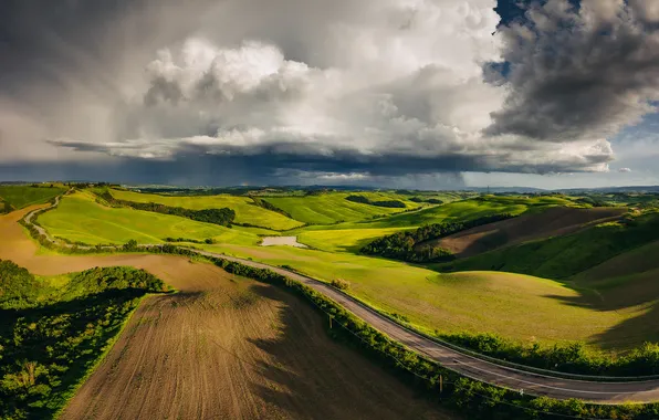 Дорога, поле, небо, облака, тучи, холмы, вид, поля