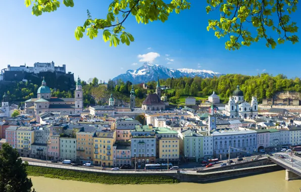 Картинка горы, мост, река, здания, дома, Австрия, панорама, набережная