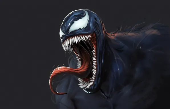 Язык, минимализм, зубы, арт, клыки, слюна, Веном, Venom