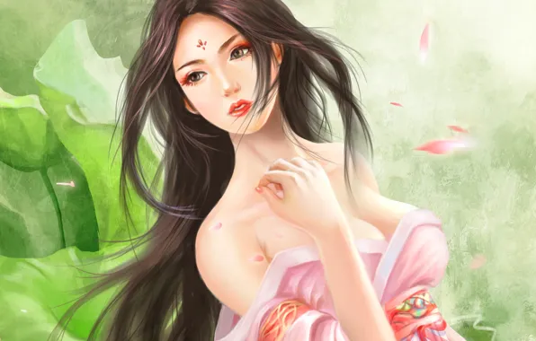 Картинка листья, девушка, фон, лепестки, арт, азиатка