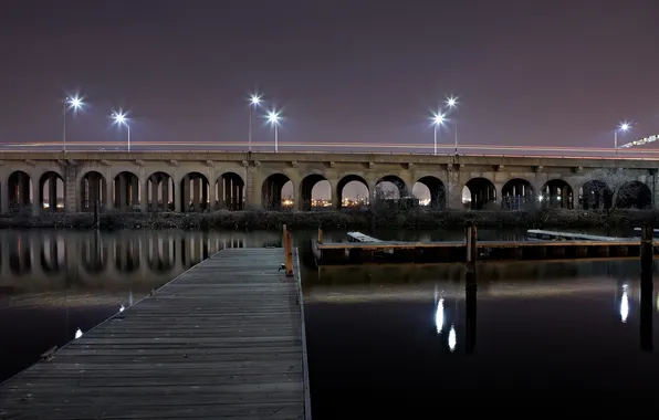 Картинка ночь, мост, город, озеро