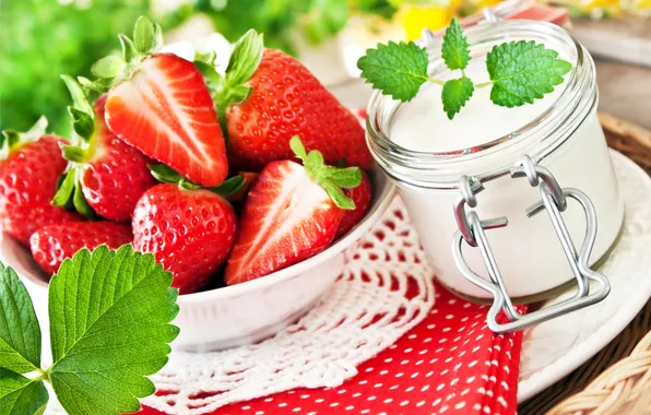 Клубника, десерт, ягодки, strawberry, berries, йогурт, mint, yogurt