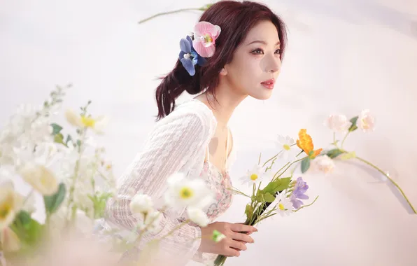 Beautiful, Asian, Model, Flowers, Woman, Bouquet, Cute, Pretty
