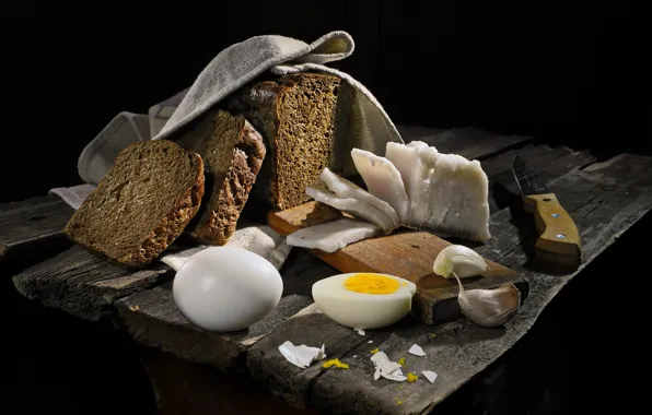 Картинка яйца, хлеб, чеснок, сало