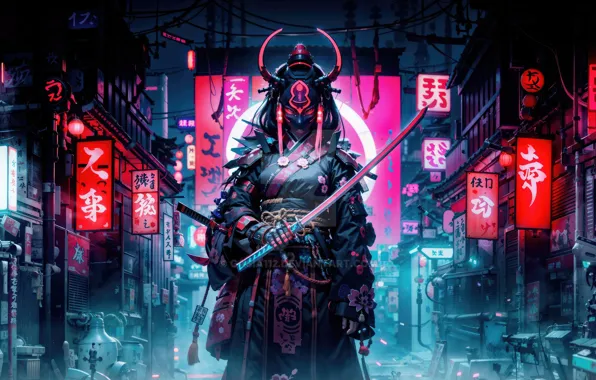 Картинка neon, samurai, tokyo, futuristic