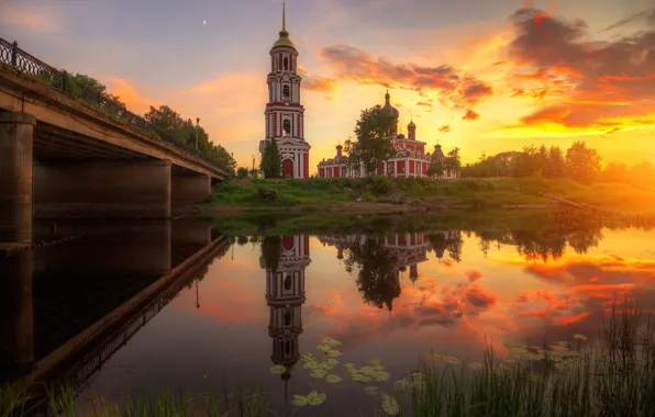 Закат, мост, природа, отражение, река, церковь, Россия, Ed Gordeev