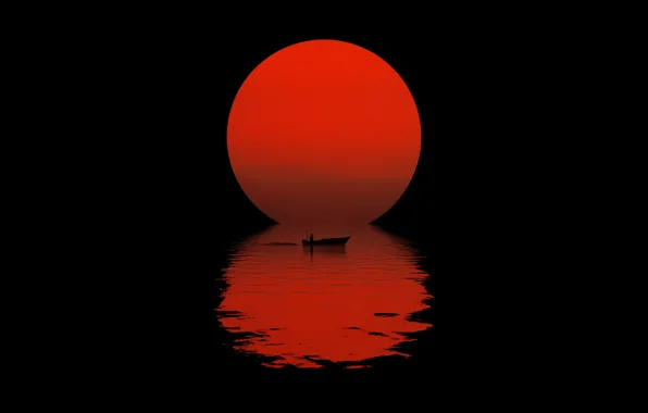 Картинка солнце, ночь, отражение, лодка, силуэт, черный фон, night, sun