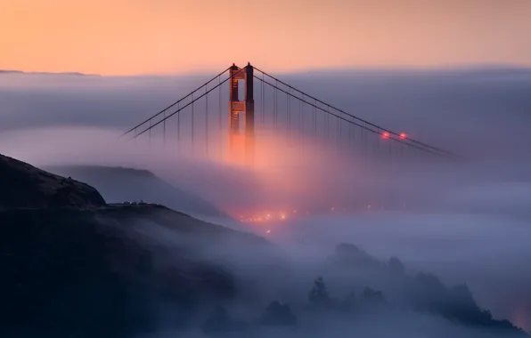 Картинка свет, огни, туман, утро, Сан-Франциско, США, мост Золотые ворота