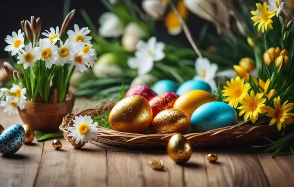 Цветы, яйца, весна, colorful, Пасха, happy, flowers, spring