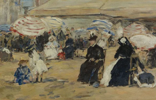 Пляж, дети, люди, картина, жанровая, Эжен Буден, Eugene Boudin, Трувиль. Няня