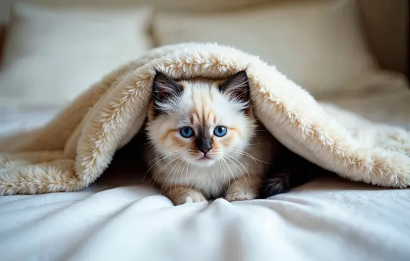 Кошка, взгляд, поза, котенок, кровать, подушки, укрытие, малыш