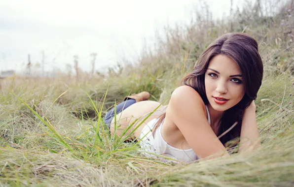 Grass, ass, panties, model, women, brunette, T-shirt, Jessica Ashley