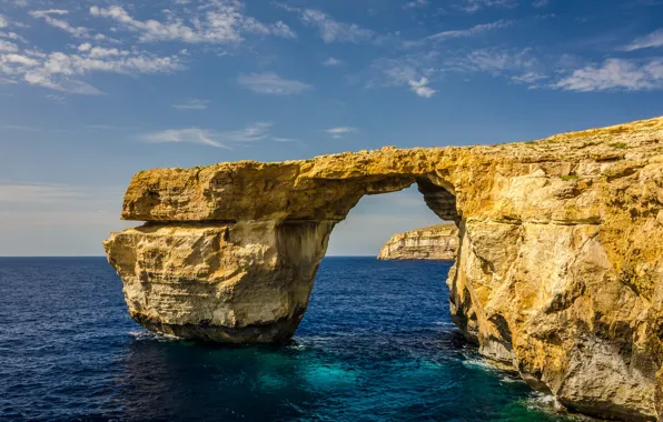 Картинка море, небо, скала, остров, арка, Мальта, Гозо