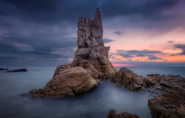 Coast, sunset, clouds, rocks, dusk, Sea