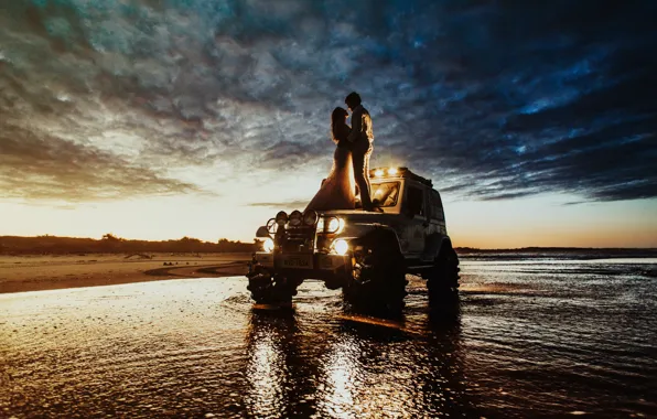 Car, Clouds, Sky, Water, Sand, Evening, Romantic, Wedding