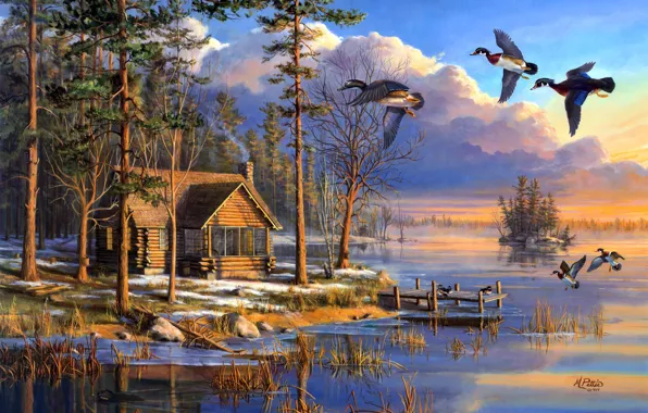 Картинка house, forest, flying, lake, sunrise, painting, spring, Mary Pettis