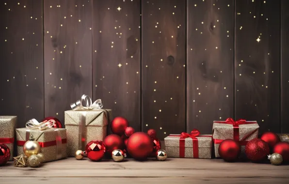 Украшения, шары, Новый Год, Рождество, подарки, red, golden, new year