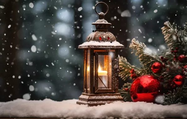 Картинка зима, снег, украшения, ночь, Новый Год, Рождество, фонарь, light