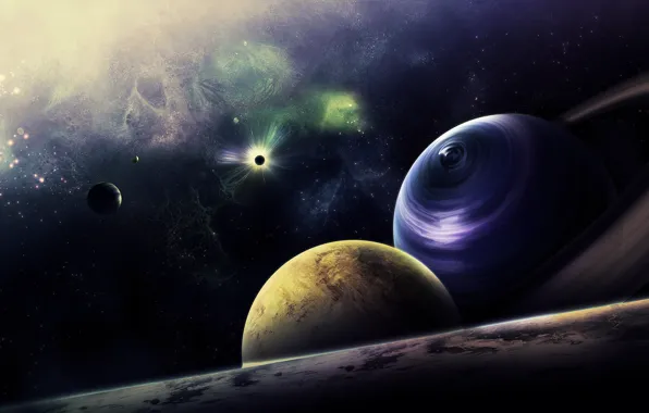 Картинка космос, звезды, туманность, планеты, кольца, арт