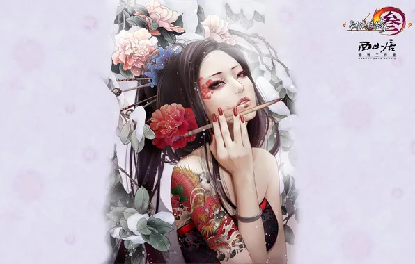 Девушка, цветы, арт, татуировка, азиатка, кисть