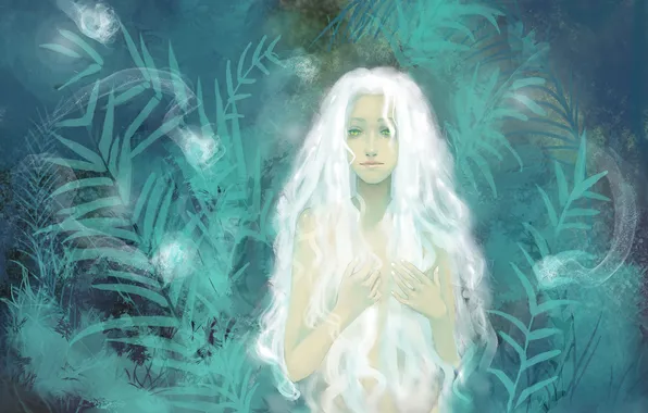 Картинка листья, Девушка, белые волосы