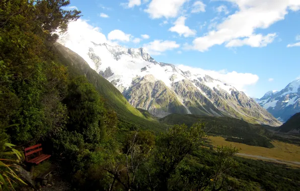 Картинка горы, поля, долина, склон, Новая Зеландия, лавочка, ущелье, кусты