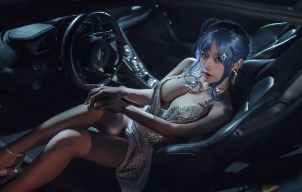 Night, model, blue hair, car and girl, asian babe, девушка в машине, A Smile and …