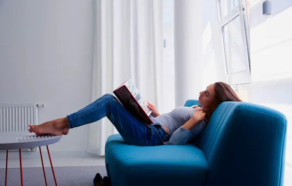 Girl, young, beautiful, model, Ukraine, book, sofa, reading