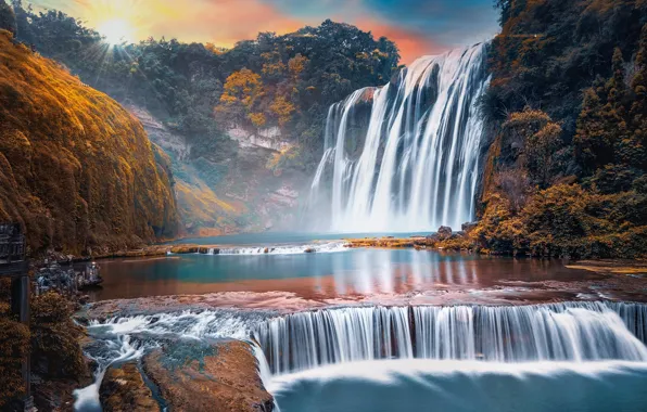 Скалы, рассвет, водопад, Китай, Huangguoshu Waterfall, Гуйчжоу