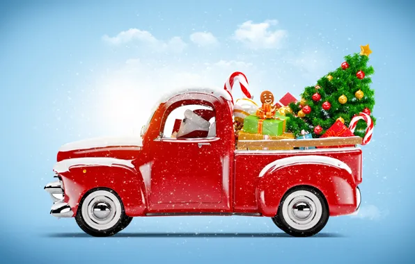 Картинка украшения, елка, Машина, подарки, красная, Санта-Клаус