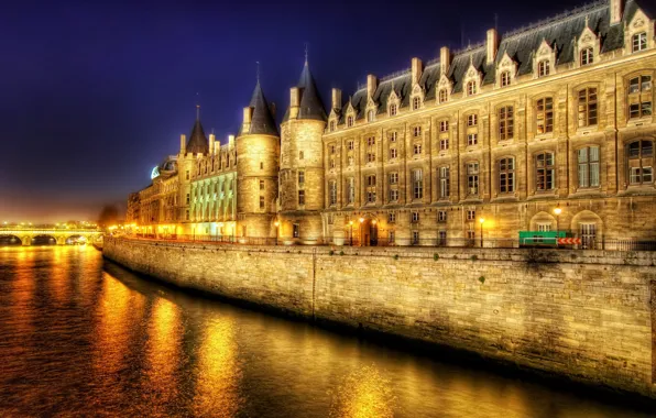 Картинка ночь, огни, река, Париж, HDR