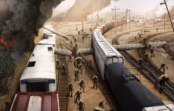 Картинка пожар, дым, вагоны, зомби, железная дорога, состав, region screen junction