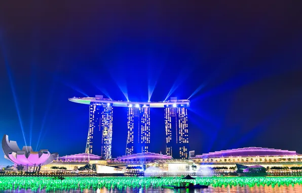 Ночь, подсветка, Сингапур, отель-казино