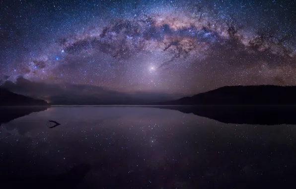 Звезды, горы, Новая Зеландия, Млечный путь, лес туман