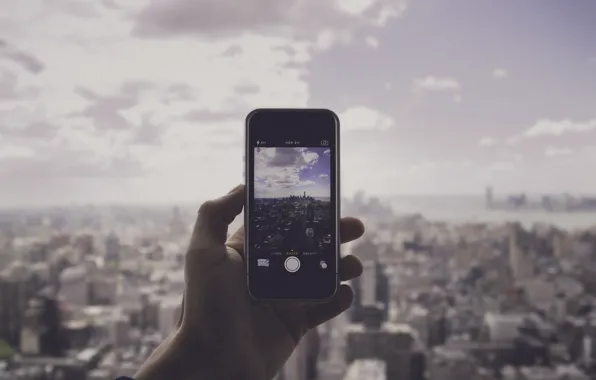 Небо, облака, фотография, iPhone, рука, Нью-Йорк, панорама, Манхэттен