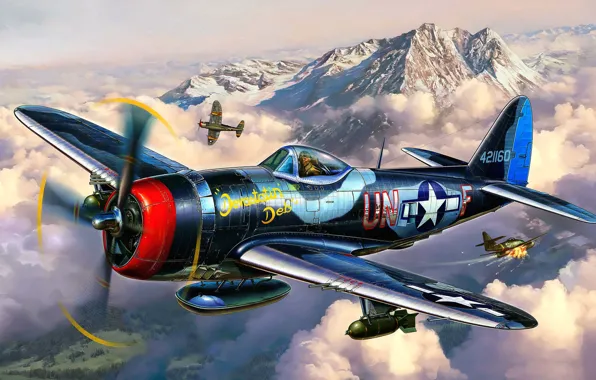 Картинка самолет, истребитель, бой, арт, художник, воздушный, США, бомбардировщик