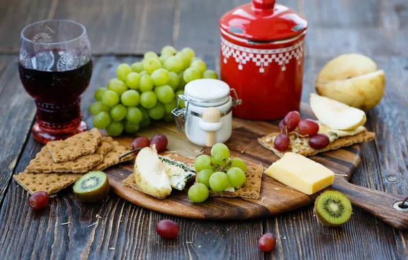 Картинка вино, красное, сыр, киви, печенье, виноград, груша, крекеры