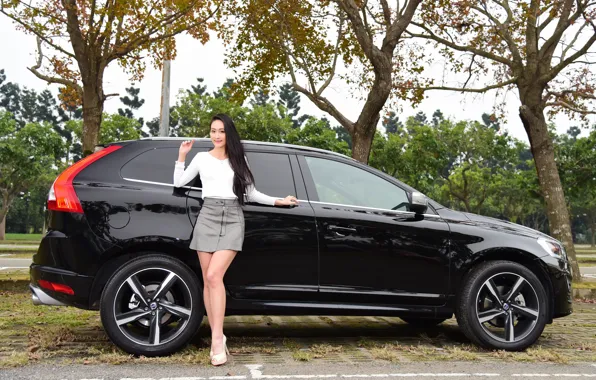 Взгляд, Девушки, Volvo, азиатка, красивая девушка, черный авто, позирует над машиной