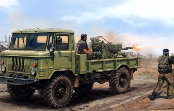 Рисунок, советская 23-мм спаренная зенитная установка, ЗУ-23-2, ГАЗ-66