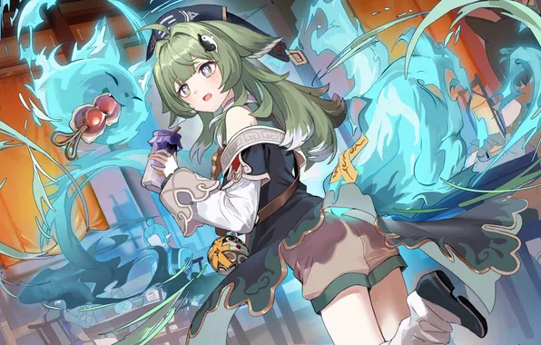 Девушка, огонь, еда, tail, honkai: star rail, honkai (series), huohuo