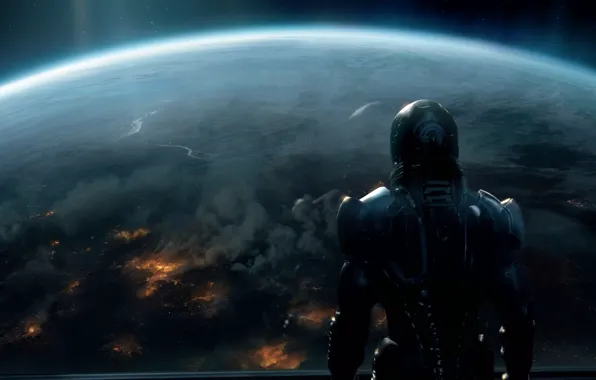 Картинка космос, фантастика, планета, Земля, солдат, Mass Effect 3, Шепард. будущее